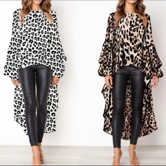 BLACK & WHITE ANIMAL PRINT RUFFLED DIP HEM BLOUSE - Picture 2 of 8